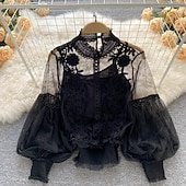 Χαμηλού Κόστους Δαντέλα κορυφές-Γυναικεία Μπλούζα Δαντέλα Κουρελού Σκέτο Βίντατζ Στυλάτο Μακρυμάνικο Ζιβάγκο Κανονικά μπλουζάκια Καθημερινά Εξόδου Θαλασσί Μαύρο Λευκό Χακί Σομόν Καλοκαίρι Άνοιξη Φθινόπωρο Χειμώνας