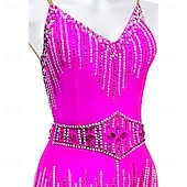 Недорогие платье для соревнований-Женский комплект латиноамериканских танцев, ярко-розового цвета, с бахромой из стразов, лиф с пайетками, пояс с драгоценными камнями &amp;манжеты, асимметричный бальный костюм