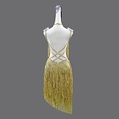 economico abito da competizione-abito da ballo latino con strass e nappe, paillettes, per feste da donna, senza maniche, per salsa, rumba, costumi da ballo