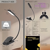 baratos Luzes de leitura-Luz de leitura recarregável, ideal para leitura na cama, equipada com 20 LEDs e função de memória, 3 temperaturas de cor, 5 níveis de brilho, haste flexível, leve e com clipe.