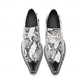 cheap Premium Leather Loafers-Men's White Snake Print Slip-On Shoes with Metal Accents – Stylish Formal Shoes for Evening Wear and Fashion-Forward Occasions