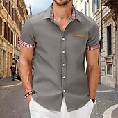 お買い得  メンズドレスシャツ-男性用 シャツ ドレスシャツ ボタンアップシャツ 平織り カジュアル 日常 ブラック ホワイト スカイブルー グレー 半袖 折襟 夏 春 衣類 パッチワーク
