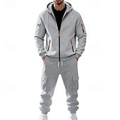 baratos Basic Tracksuits-Men's Hoodie Tracksuit Hoodie &amp; Pants Set Hoodie Daily Outdoor Vacation Daily Wear Drawstring Zip Up Plain Black Navy Blue Khaki Activewear Sports Fashion Fall