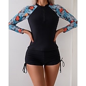 ieftine Tankini și bikini pentru surfing-Pentru femei Bariere Iritatie Costum de baie din 2 piese Costume de Baie Floral Costume de Baie Negru UPF 50+ Manșon Lung - Surfing Plajă Înot Vară