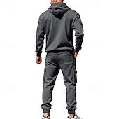 baratos Basic Tracksuits-Men's Hoodie Tracksuit Hoodie &amp; Pants Set Hoodie Daily Outdoor Vacation Daily Wear Drawstring Zip Up Plain Black Navy Blue Khaki Activewear Sports Fashion Fall