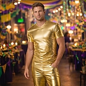 cheap Tops-Retro Vintage 1980s Shiny Metallic T-shirt Disco Solid Color Round Neck Fancy Dress Men's Carnival Club Performance Pride Parade Adults' T-shirt Summer