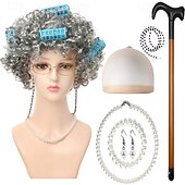abordables Pelucas de fiesta-Peluca de anciana con rulos, collar de perlas, pendientes y bastón para mujeres y niñas, disfraz de abuela para cosplay de 100 días de escuela, accesorio para fiesta de Halloween