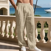 cheap Holiday-Men's Linen Pants Trousers Summer Pants Baggy Pants Beach Pants Drawstring Elastic Waist Solid Color Comfort Breathable Daily Outdoor Beach Vacation Fashion Light Khaki Black Inelastic