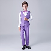 abordables Costumes et Tenues de Porteur d'Anneau-Costume de garçon d'honneur 4 pièces avec gilet &amp; chemise  &amp;Pantalon garçon, costume habillé décontracté, tenue de soirée tendance pour les fêtes en extérieur, basique et élégant, couleur unie bleu,