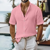 voordelige Vakantie-Voor heren Linnen overhemd Zomer overhemd Strand Kleding Overhemd met knopen Effen Casual Vakantie Zwart Wit Lichtgroen Blozend Roze Korte mouw Strijkijzer Zomer Kleding