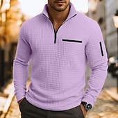 preiswerte Herren Klassisches Polo-Herren Waffel-Poloshirts Textur Lässig Viertelreißverschluss Langarm Mode Bequem Farbblock Reißverschluss Tasche Herbst Frühling &amp; Herbst Normale Passform Weiß Schwarz Blau Hellblau Dunkelgrau Purpur