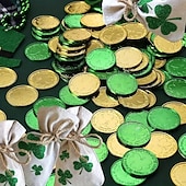 abordables Día de San Patricio-100 monedas de oro para el Día de San Patricio, monedas de la suerte de oro y verde, monedas de duende de trébol de plástico, moneda de trébol de 3 hojas para decoración de fiestas.