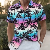 Недорогие Tropical Plants-Men's Coconut Tree Gradient Color Tropical Plants Summer Hawaiian Shirt Button Up Shirt Aloha Shirt Short Sleeve Hawaiian Vacation Beach Wear Summer Spring Turndown 3D Print Collared Shirts Blue