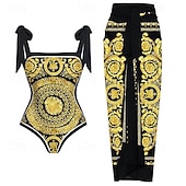 رخيصةأون مايوه قطعة واحدة-الملابس السباحة النسائية بدلة قطعة واحدة بوهيمية نمط النمر تنورة تحكم في البطن خصر عالي نحيف خلفي للعيد على الشاطئ مزخرفة برسومات زهرية بياقة هالتر بدون أكمام