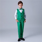 abordables Costumes et Tenues de Porteur d'Anneau-Costume de garçon d'honneur 4 pièces avec gilet &amp; chemise  &amp;Pantalon garçon, costume habillé décontracté, tenue de soirée tendance pour les fêtes en extérieur, basique et élégant, couleur unie bleu,