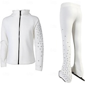 preiswerte Eiskunstlauf Trainingsoutfit-Eiskunstlaufjacke mit Hose, Damen- und Mädchen-Eiskunstlaufbekleidung, schwarz, dehnbar, Trainings- und Wettkampfbekleidung, wärmend, mit Kristall-/Strasssteinen besetzt, langärmlig, Eiskunstlauf