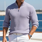 voordelige Heren Klassieke Polo-Voor heren Wafel Poloshirts Met Textuur Casual Buiten Kwart ritssluiting Lange mouw Modieus Modern Effen Kleur Effen Gebreid Herfst winter Zomer Lente Strak Donker Bruin Wit Wijn Marineblauw