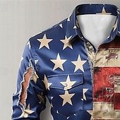  男性用 グラフィック アメリカの米国旗 7月4日 米国建国250周年 シャツ ボタンダウンシャツ カジュアルシャツ 長袖 ハワイアン カジュアル 快適 アウトドア バケーション ストリート 春 秋 折襟 ボタンアップ プリント ブルー ルビーレッド