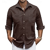 abordables camisa con botones para hombre-Hombre Camisa Camisa de verano Camisa casual Camisa de playa Camisa de Pana Abotonar la camisa Blanco Manga Larga Color sólido Diseño Casual Diario Bolsillo Ropa Moda Casual Cómodo