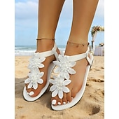tanie Panna młoda-białe sandały damskie z kwiatowym wzorem i koralikami - eleganckie płaskie buty ślubne na plażowe ceremonie, suknie ślubne &amp;obuwie dla druhen na lato na imprezy plenerowe nad morzem