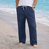 cheap Holiday-Men's Linen Pants Trousers Summer Pants Baggy Pants Drawstring Elastic Waist Straight Leg Striped Comfort Breathable Full Length Casual Daily Holiday Fashion Classic Style Blue Black Micro-elastic