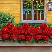 levne Umělé květiny-6 větví, kytice z umělých pelargónií odolných proti UV záření, 30 stonků/větví, zářivě červené květy s bujným zeleným olistěním, realistická plastová dekorace do interiéru/venkovního prostředí,