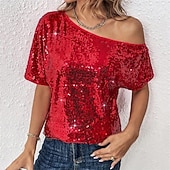 preiswerte Schicke Blusen-Damen Sommeroberteile Bluse Elegante Oberteile Pailletten-Oberteile Gerafft Pailletten Patchwork Einfarbig Einfach Elegant Vintage Damen Kurzarm Schulterfrei Normale Oberteile Täglich Arbeit Ausgehen