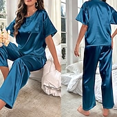 abordables Tops y pantalones de dormir para mujer-Mujer Ropa de salón Conjunto pijama Moda Casual Suave Color puro Retazos Pantalón Hogar Vacaciones Manga Corta Cuello Barco Azul Piscina Negro Vino Morado Caqui Verano Primavera Otoño Ajuste regular
