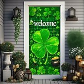 cheap Holiday Tapestries-St. Patrick's Day Door Cover, Irish Flag Background with Giant Clover, "Welcome" Greeting, Festive Entrance Decoration for St. Patrick's Day Celebration.