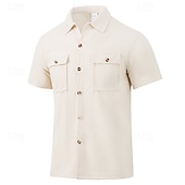 preiswerte Arbeitshemden für Herren-Herren Hemd Waffelhemd Freizeithemd Knopfhemd Schwarz Weiß Burgunderrot Dunkelgrün Kaki Kurzarm Einfach Hemdkragen Lässig Täglich Fronttasche Bekleidung Elegant Mode Lässig