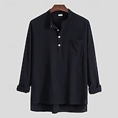 お買い得  クラシック-男性用 シャツ リネンシャツ ポップオーバー シャツ サマーシャツ ビーチシャツ 平織り カジュアル バケーション ブラック ホワイト ライトグリーン ブラウン 長袖 Band Collar 夏 春 衣類 ポケット