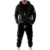 baratos Basic Tracksuits-Men's Hoodie Tracksuit Hoodie &amp; Pants Set Hoodie Daily Outdoor Vacation Daily Wear Drawstring Zip Up Plain Black Navy Blue Khaki Activewear Sports Fashion Fall