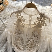 Χαμηλού Κόστους Δαντέλα κορυφές-Γυναικεία Μπλούζα Δαντέλα Κουρελού Σκέτο Βίντατζ Στυλάτο Μακρυμάνικο Ζιβάγκο Κανονικά μπλουζάκια Καθημερινά Εξόδου Θαλασσί Μαύρο Λευκό Χακί Σομόν Καλοκαίρι Άνοιξη Φθινόπωρο Χειμώνας