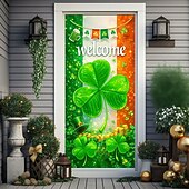cheap Holiday Tapestries-St. Patrick's Day Door Cover, Irish Flag Background with Giant Clover, "Welcome" Greeting, Festive Entrance Decoration for St. Patrick's Day Celebration.