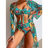 halpa 3 kpl bikinisetti-Naisten bikinit 3-osainen uimapuku palm alushousut slim selkä avoin lomaranta-asu kukkakuviolla lehtikuvio pyöreä kaula-aukkoinen hihaton uimapuku