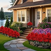 levne Umělé květiny-6 větví, kytice z umělých pelargónií odolných proti UV záření, 30 stonků/větví, zářivě červené květy s bujným zeleným olistěním, realistická plastová dekorace do interiéru/venkovního prostředí,