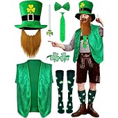  Мужской костюм лепрекона на День Святого Патрика – зеленая шляпа, жилет, борода, носки и аксессуары для праздничных торжеств.