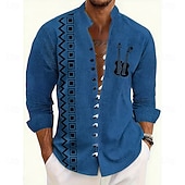 cheap Vintage Shirt-Men's Geometric Pattern Guitar Musical Instrument Shirt Stand Collar Shirt Long Sleeve Vintage Retro Casual Vacation Spring Fall Mandarin Collar Band Collar Button-Down Linen Like Shirt Blue Orange