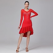 cheap Competition Dress-Women's Black Rhinestone Latin Dance Dress - Long Sleeve Mesh Ruffled Asymmetrical Ballroom Performance Dress