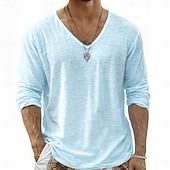 Недорогие Хлопковые Льняные Футболки-Муж. Футболка Футболка из льна Длинный рукав V-образный вырез Лето Весна Весна лето Сплошной цвет Полотняное плетение Повседневные На каждый день Уличный стиль Гладкая ткань