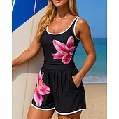 cheap One Pieces Rash Guards-Women's Floral Print Swimsuit One Pieces High Waisted Ruched Swimsuit Solid Colored Elastic Sleeveless Swimwear Surfing Snorkeling Swimming Summer
