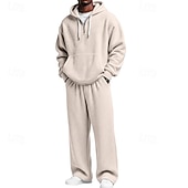 baratos moletons básicos-Homens Moletom Moletons Waffle Moletom com capuz e calças Conjunto Capuz Diário Ao ar livre Férias Roupa Diária Com Cordão Half Zip Tecido Vermelho Vinho Preto Branco Roupas Esportivas Esportes Moda