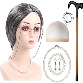 abordables Pelucas de fiesta-Peluca de anciana con rulos, collar de perlas, pendientes y bastón para mujeres y niñas, disfraz de abuela para cosplay de 100 días de escuela, accesorio para fiesta de Halloween