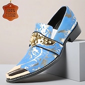 abordables Mocasines de cuero de primera calidad-Mocasines de piel patentada azul y dorada para hombre, elegantes detalles de hebilla, zapatos de vestir para negocios y eventos.