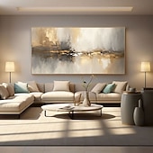 baratos Pinturas a Óleo-Pintura abstrata dourada de um lago, pintada à mão sobre tela, paisagem metálica moderna com textura, arte de parede para sala de estar em tons neutros de cinza e bege, decoração de luxo.