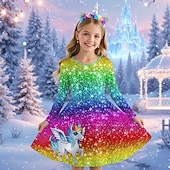 billiga Enhörningsklänning i 3D-Flickor 3D Grafisk Anime Klänning Långärmad 3D-tryck Vår Höst Prestanda Semester Fest Ledigt Prinsessa Skön Barn 4-12 år Vardagsklänning A linjeklänning Knälång Normal
