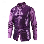 billiga herrskjorta med knäppning-Herr Skjorta Sommarskjorta Casual skjorta Strandskjorta Knapp upp skjorta Blå Purpur Långärmad Ensfärgat Kavajslag Dagligen Semester Paljett Kläder Mode Ledigt Bekväm