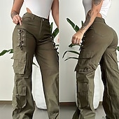 preiswerte Gerade geschnittene Hose-Damen Cargo-Hosen Chinos Urlaub Vintage Streetwear Volle Länge Mittlere Taillenlinie Einfarbig Mehrere Taschen Bequem Mikroelastisch Täglich Outdoor Straße Armeegrün Khaki Frühling Herbst Winter