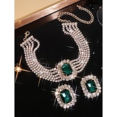 economico Matrimonio ACC-collana girocollo da donna con strass verde smeraldo &amp;set di orecchini, gioielli con cristalli color oro, stile glamour per le feste &amp;eventi serali