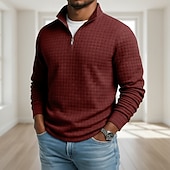 Недорогие Вафельная трикотажная футболка-Муж. Вафельный тройник Футболка Футболка с четвертью молнией Длинный рукав Воротник-стойка Осень Зима Весна &amp; осень Сплошной цвет Клетчатый Вязаная одежда Повседневные На каждый день Застегнуться